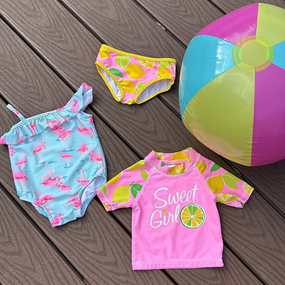 Carters 2 baby girl bathing suits 6-9 mo. 1 pc. flamingo, 2 pc. lemon rashguard - Picture 7 of 11